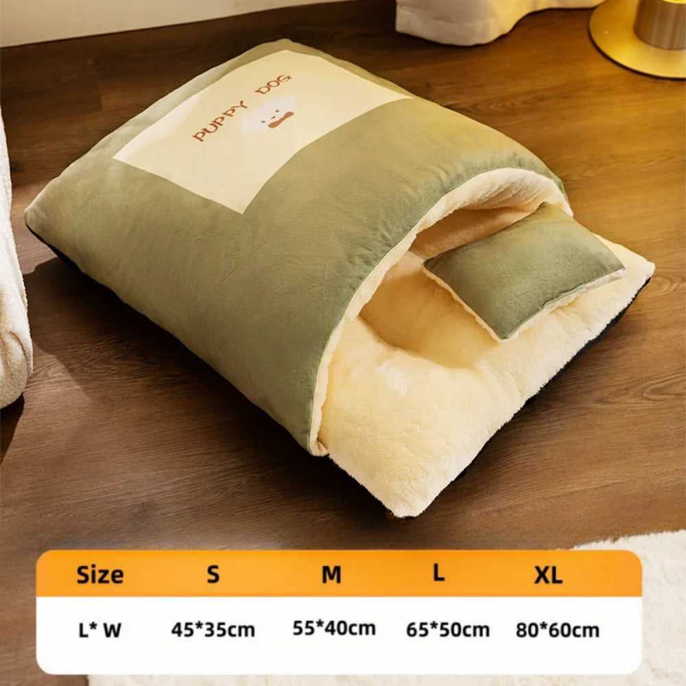 Warm Half Closed Cat Bed Winter Removable Pet Sleeping Bag Dog Bed House Cats Nest Cushion with Pillow Dog Cushion Cat Supplies