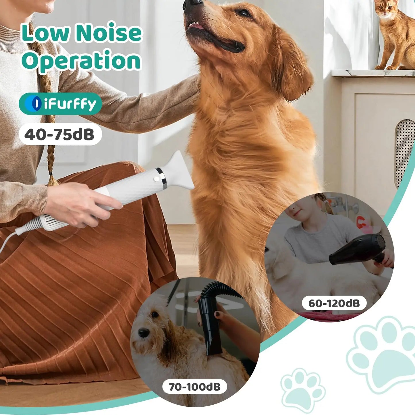 Dog Hair Dryer 5 in 1 Portable Handheld Cats Hair Dryer Smart Temperature Adjustment Grooming Brush Travel Home Pet Hair Dryer