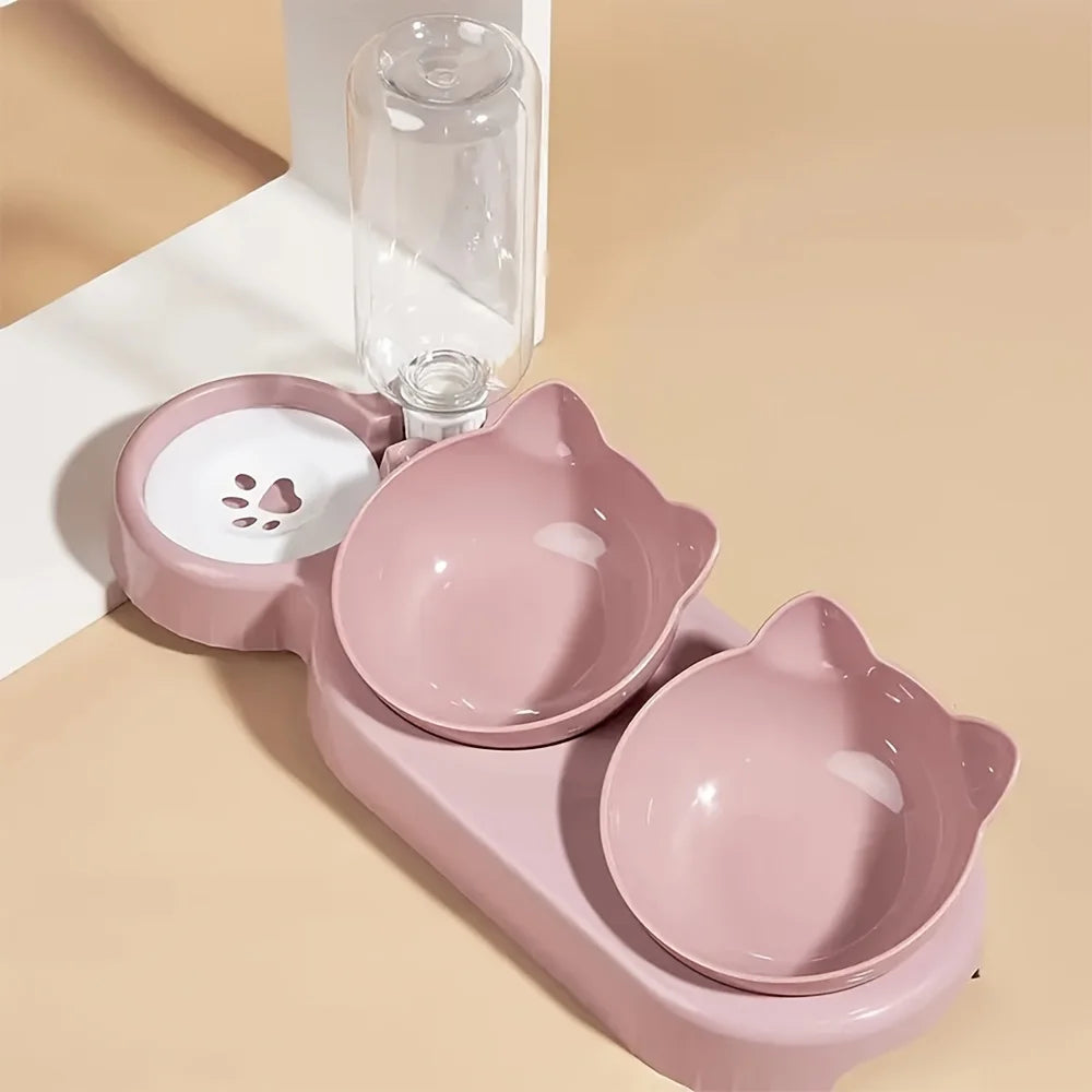 cat tools, [Popular choice] Anti slip tilted cat bowl with automatic water dispenser, non electric plastic pet feeding accessories