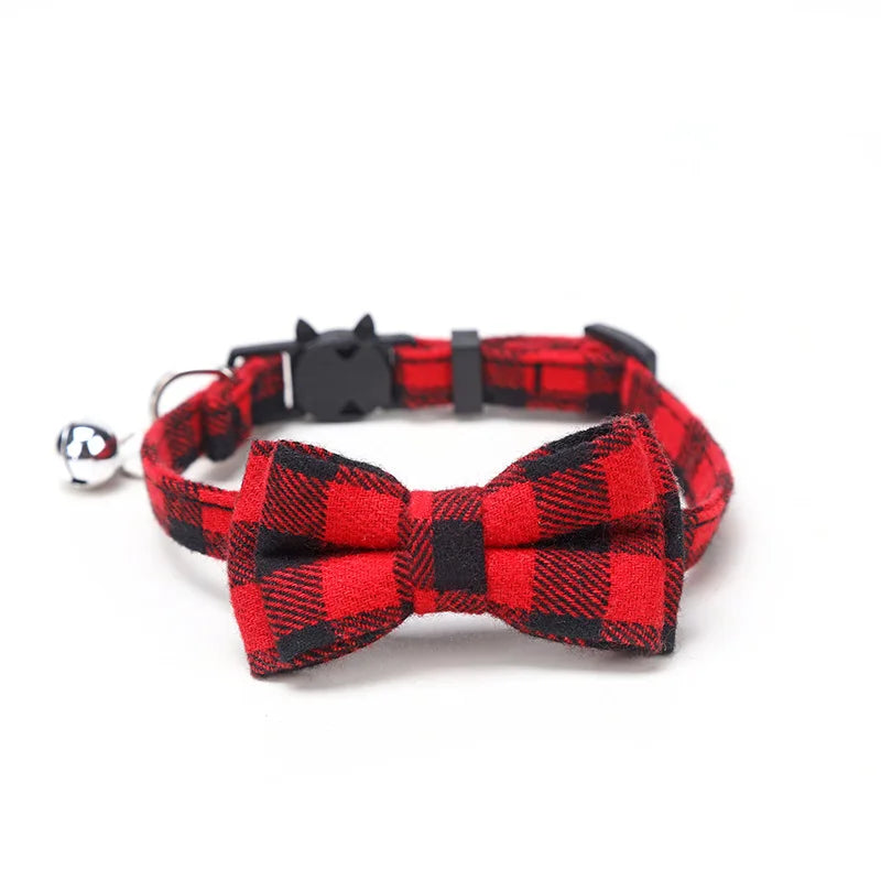 Pet Breakaway Cat Collar Bow Tie and Bell Cute Plaid Christmas Red Elastic Adjustable Dog Collar With Sash Small Bell For Cats