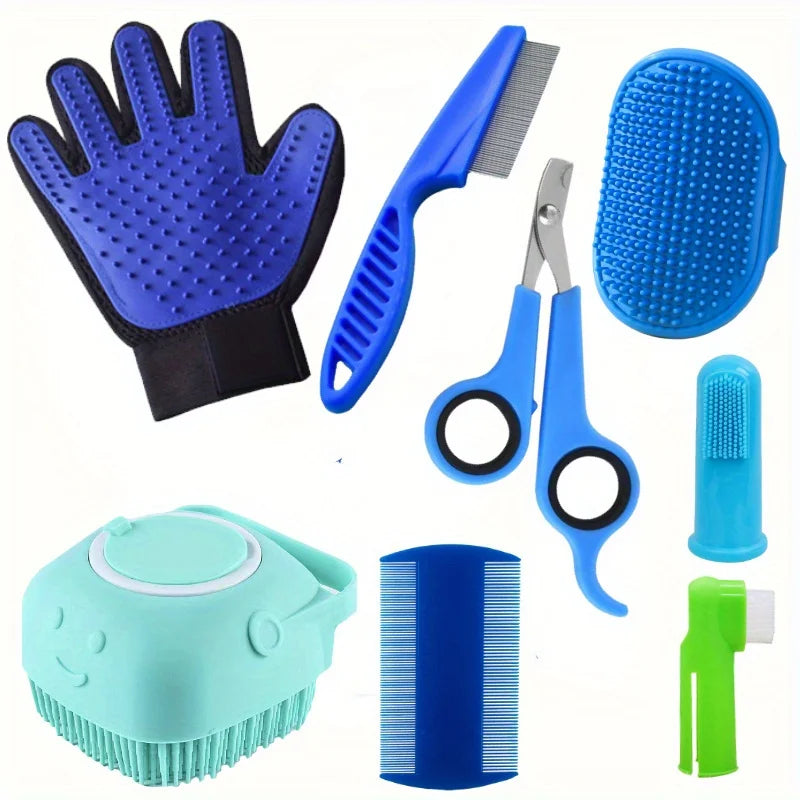 8 Pcs Pet Grooming Set, Hair Removal Comb For Dog, Flea Comb, Dog Shampoo Brush, Pet Nail Clippers, Dog Toothbrush Set