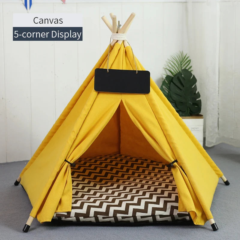 Pet Teepee Tent for Cats and Dogs Portable Removable Washable Dog House Indoor Puppies House with Cushion and Blackboard Cat Bed