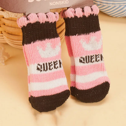 4pcs/Set Cute Puppy Dog Knit Socks Autumn Winter Pet Socks Anti-Slip Knitted Small Dogs Shoes Warm Paw Protector Dog Accessories