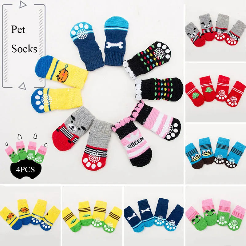 4pcs Winter Pet Dog Socks Small Cat Knit Warm Socks Dog Anti-Slip Socks Chihuahua Thick Paw Protector Booties Pet Accessories