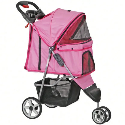 Pet Stroller Travel 3 Wheels Foldable Carrier Cart W/ Cup Holder For Dogs Pink