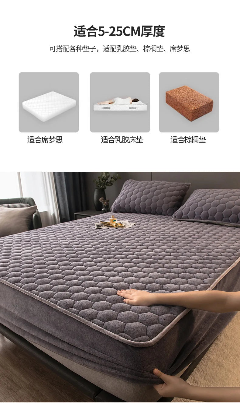 Mattress Protector Thickened Pure Cotton Queen Fitted Sheet Plush Anti-slip Bedspread Pillowcase Single Double King Queen Bed 이불