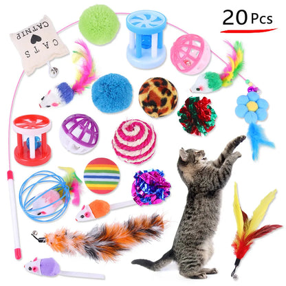 Lodra për kotele DualPet Set i kombinimit të lodrave të maceve të ndryshme Set lodër për mace Funny Cat Stick Sisal Mouse Bell Ball Cat Furnizime Set 20 copë