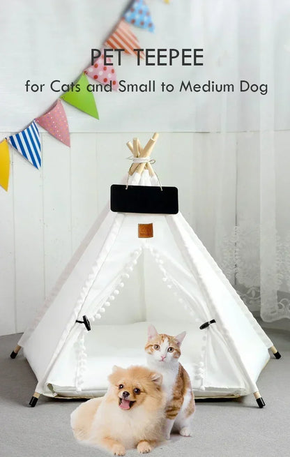 Pet Teepee Tent for Cats and Dogs Portable Removable Washable Dog House Indoor Puppies House with Cushion and Blackboard Cat Bed