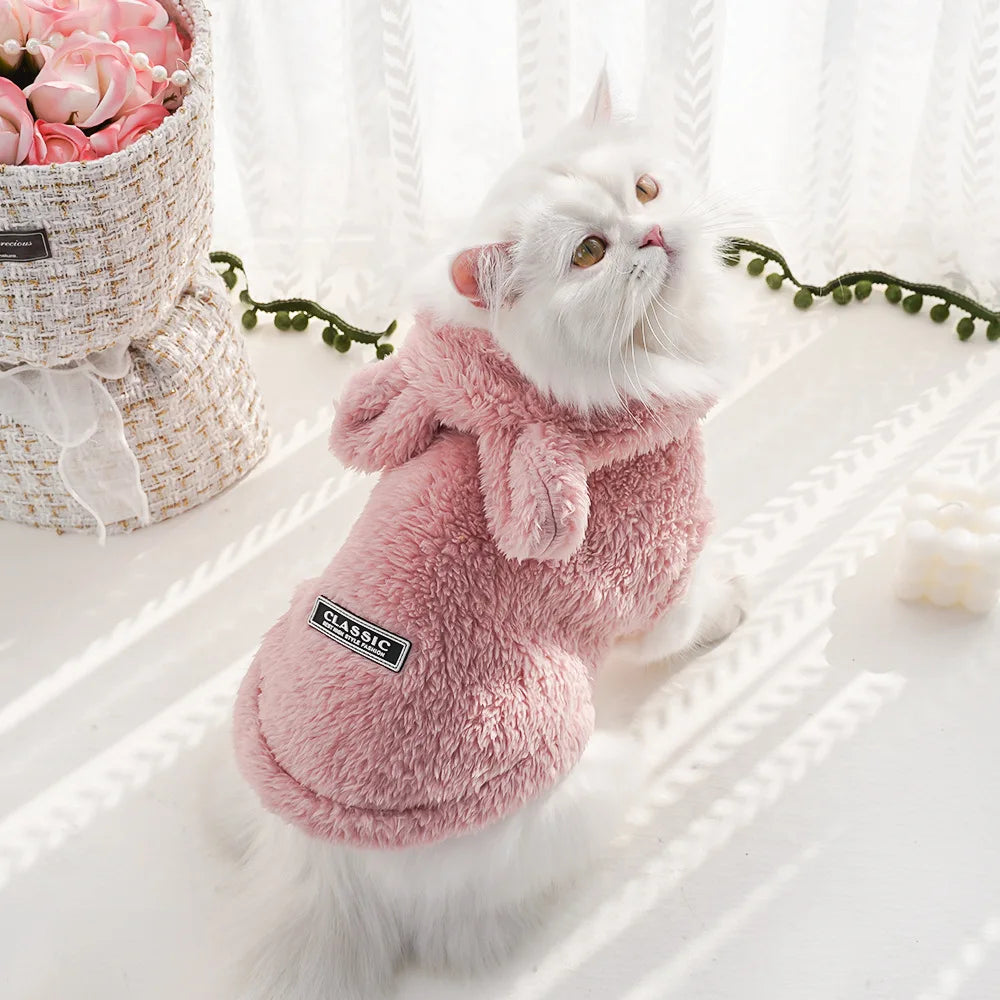 Rabbit Ear Comfortable Cotton Fleece Hooded Pet Clothing Autumn and Winter Clothes Cat Warm Hoodie Dog Clothing Supplies