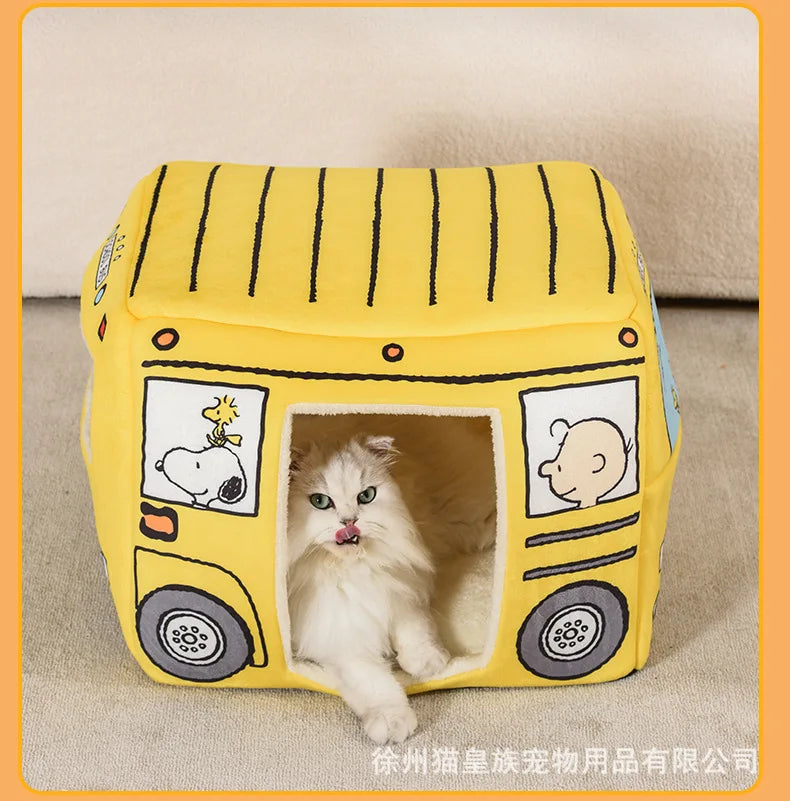 Peanuts Cat Nest Kennel Cartoon Pet Waterloo Charlie Snoopy Bus Pet Sleeping Pad Cat Nest Cute Small Dog Kennel Gift Foldable