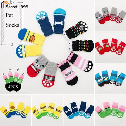 4pcs Winter Pet Dog Socks Small Cat Knit Warm Socks Dog Anti-slip Socks Chihuahua Thick Paw Protector Booties Pet Accessories