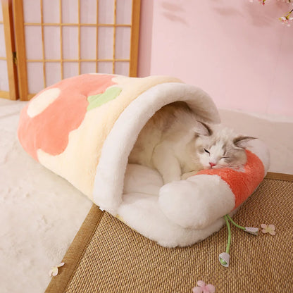 Japanese Sakura Warm Cat Bed Cat Sleeping Bag Deep Sleep Winter Dog House Cats Nest Cushion With Pillow Removable Pet Products