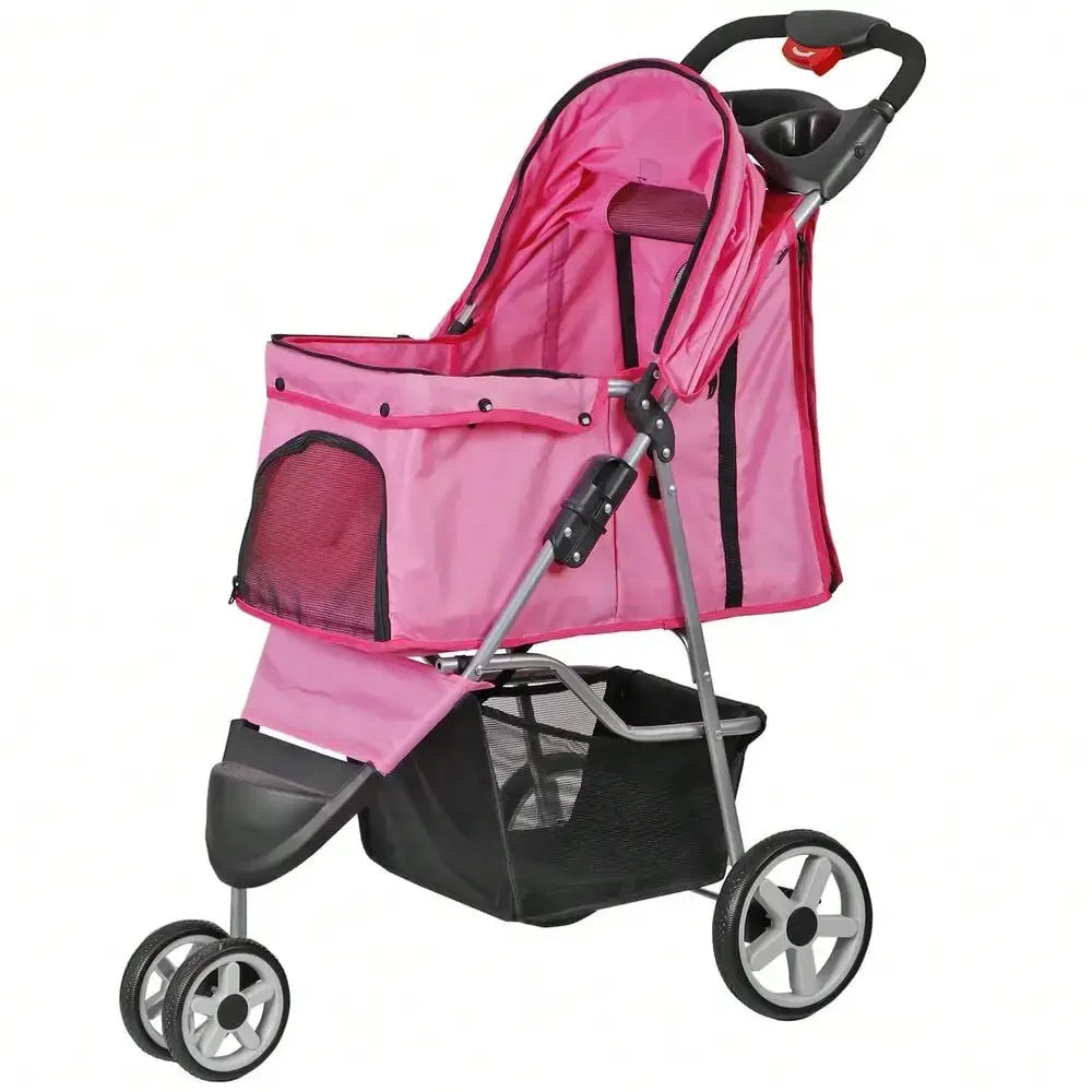 Pet Stroller Travel 3 Wheels Foldable Carrier Cart W/ Cup Holder For Dogs Pink