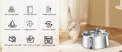 Stainless Steel Pet Water Feeder Cat Automatic Water Fountain USB Electric Mute for Cat Dog Filter Fountain Smart Drinking Bowl