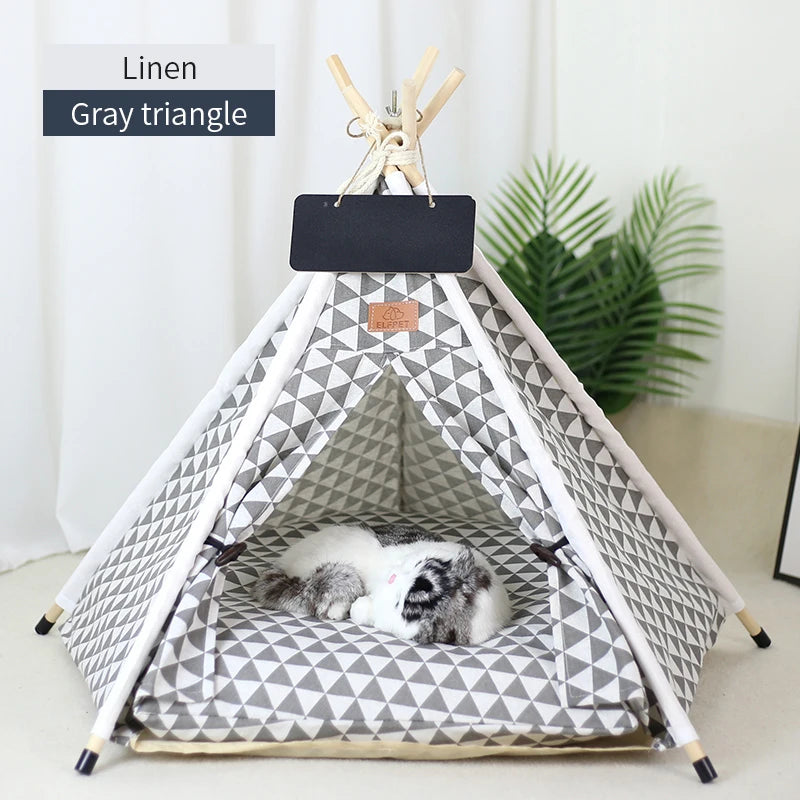 Pet Teepee Tent for Cats and Dogs Portable Removable Washable Dog House Indoor Puppies House with Cushion and Blackboard Cat Bed