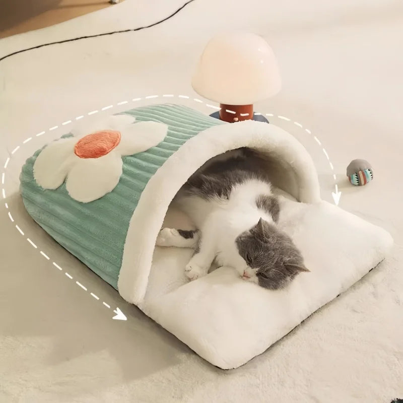 Japanese Sakura Warm Cat Bed Cat Sleeping Bag Deep Sleep Winter Dog House Cats Nest Cushion With Pillow Removable Pet Products