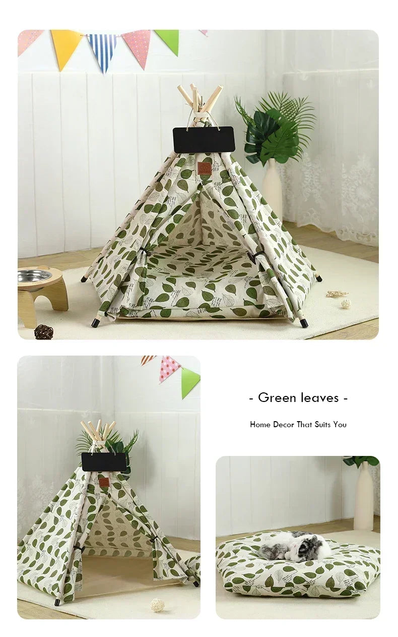 Pet Teepee Tent for Cats and Dogs Portable Removable Washable Dog House Indoor Puppies House with Cushion and Blackboard Cat Bed