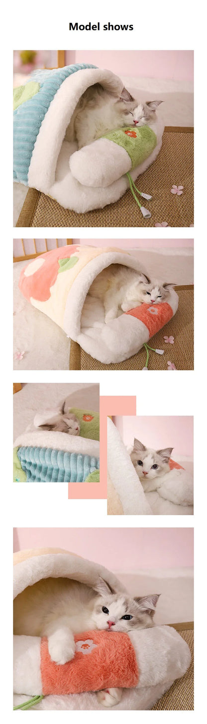 Japanese Sakura Warm Cat Bed Cat Sleeping Bag Deep Sleep Winter Dog House Cats Nest Cushion With Pillow Removable Pet Products