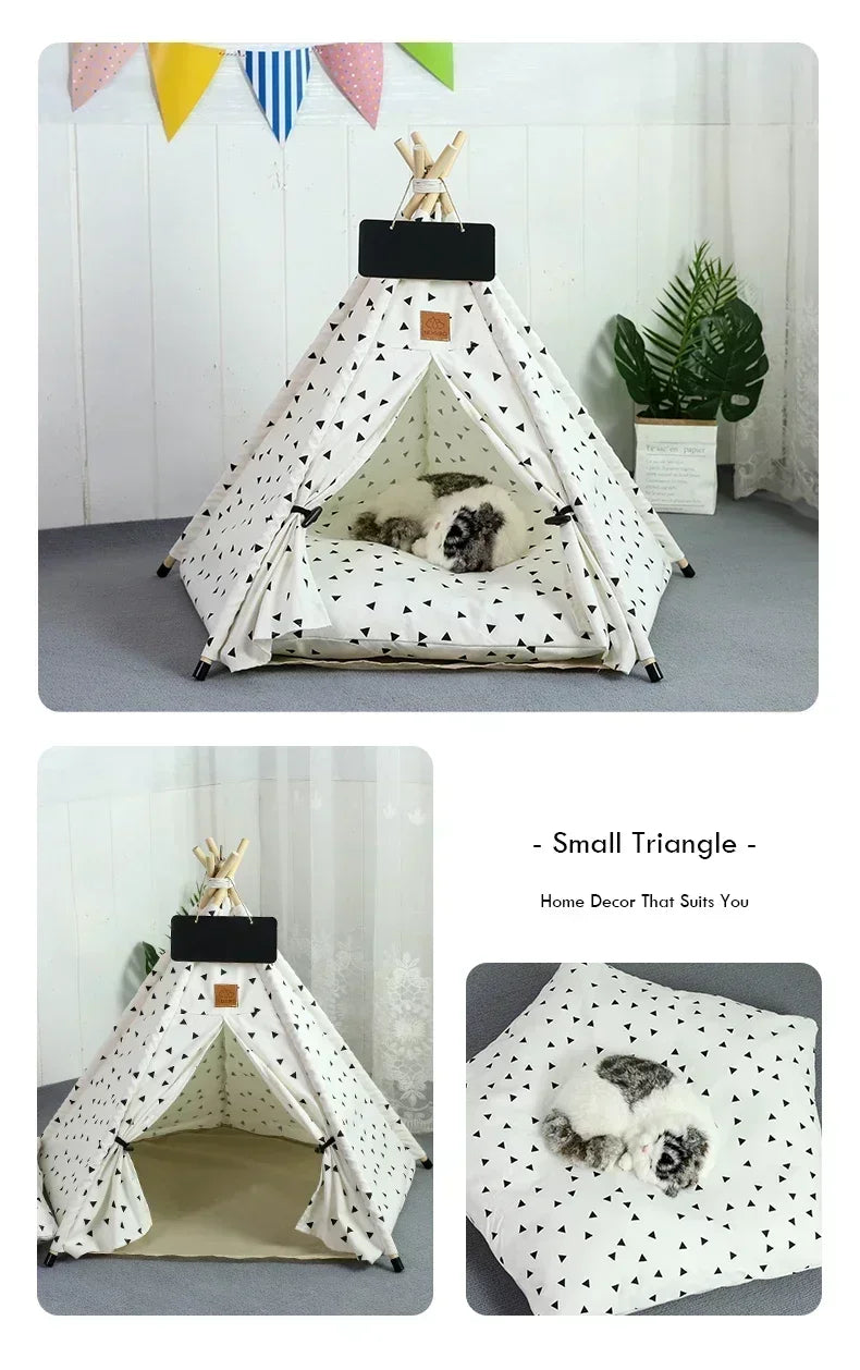 Pet Teepee Tent for Cats and Dogs Portable Removable Washable Dog House Indoor Puppies House with Cushion and Blackboard Cat Bed