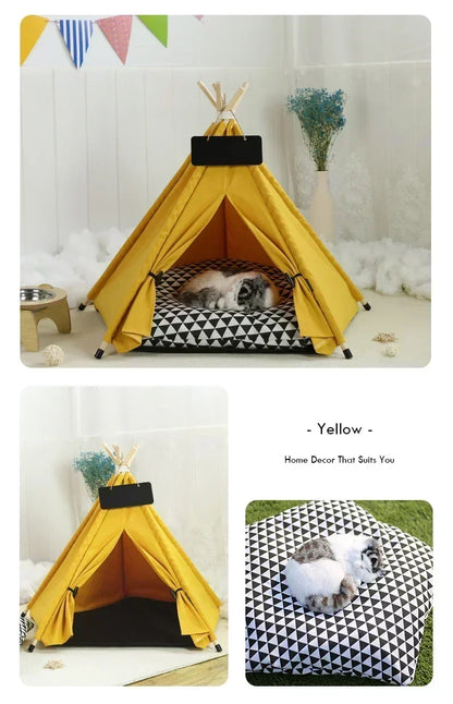 Pet Teepee Tent for Cats and Dogs Portable Removable Washable Dog House Indoor Puppies House with Cushion and Blackboard Cat Bed