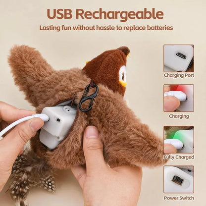 Interactive Cat Toys Rechargeable Electric Flapping Wings Bird Cat Toy Sound Chirping Bird Catnip Touch Activated Plush Toy