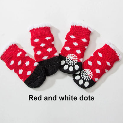 4pcs/Set Cute Puppy Dog Knit Socks Autumn Winter Pet Socks Anti-Slip Knitted Small Dogs Shoes Warm Paw Protector Dog Accessories