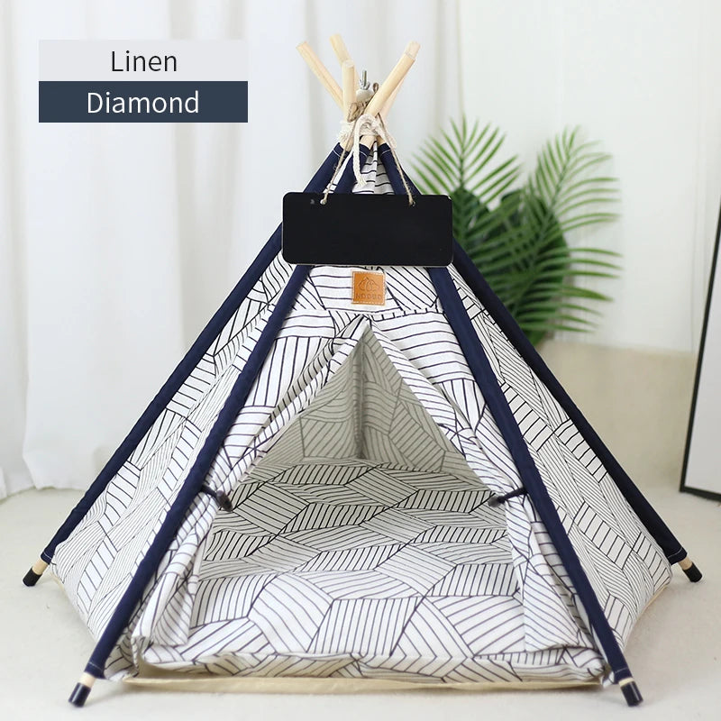 Pet Teepee Tent for Cats and Dogs Portable Removable Washable Dog House Indoor Puppies House with Cushion and Blackboard Cat Bed