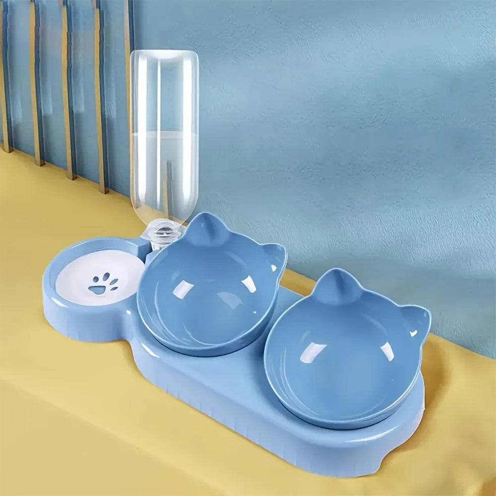 cat tools, [Popular choice] Anti slip tilted cat bowl with automatic water dispenser, non electric plastic pet feeding accessories