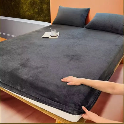 Bed sheet set Soft warm plush fitted sheet elastic mattress cover fluffy coral fleece bed linen winter couple luxury double ﻿﻿