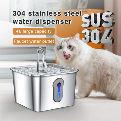 304 Stainless Steel Cat Water Fountain - 4.0L Capacity With High-Power Silent Pump USB Adapter Triple Filtration Cat Accessories