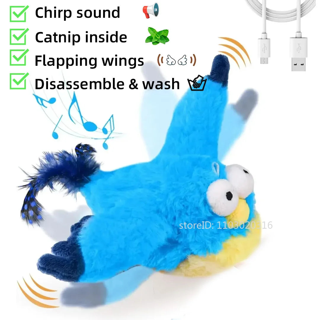 Interactive Cat Toys Rechargeable Electric Flapping Wings Bird Cat Toy Sound Chirping Bird Catnip Touch Activated Plush Toy