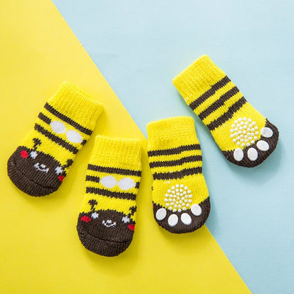 4pcs/Set Cute Puppy Dog Knit Socks Autumn Winter Pet Socks Anti-Slip Knitted Small Dogs Shoes Warm Paw Protector Dog Accessories