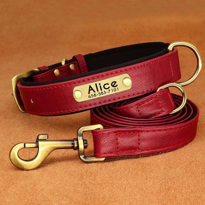 Customized Leather Dog Collar Leash Set Soft Padded Leather Collar For Small Medium Large Dogs With Free Engraved Nameplate