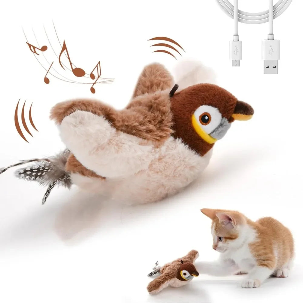 Interactive Cat Toys Rechargeable Electric Flapping Wings Bird Cat Toy Sound Chirping Bird Catnip Touch Activated Plush Toy