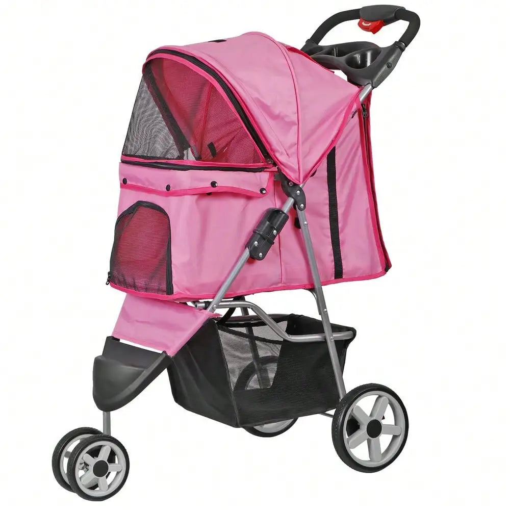 Pet Stroller Travel 3 Wheels Foldable Carrier Cart W/ Cup Holder For Dogs Pink