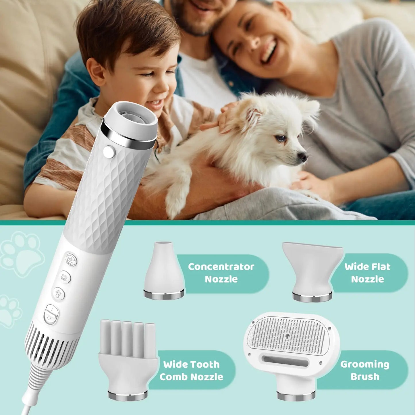 Dog Hair Dryer 5 in 1 Portable Handheld Cats Hair Dryer Smart Temperature Adjustment Grooming Brush Travel Home Pet Hair Dryer