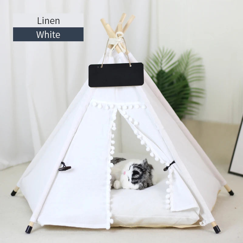 Pet Teepee Tent for Cats and Dogs Portable Removable Washable Dog House Indoor Puppies House with Cushion and Blackboard Cat Bed