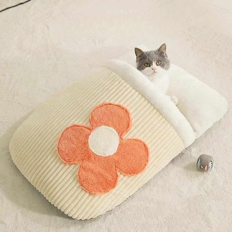 Japanese Sakura Warm Cat Bed Cat Sleeping Bag Deep Sleep Winter Dog House Cats Nest Cushion With Pillow Removable Pet Products