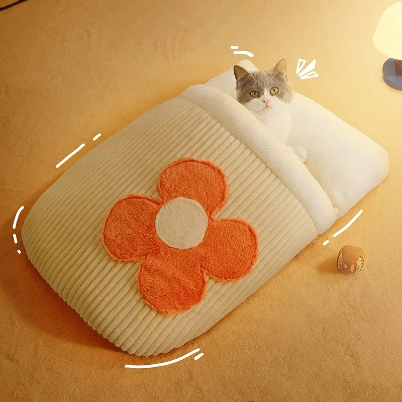 Japanese Sakura Warm Cat Bed Cat Sleeping Bag Deep Sleep Winter Dog House Cats Nest Cushion With Pillow Removable Pet Products