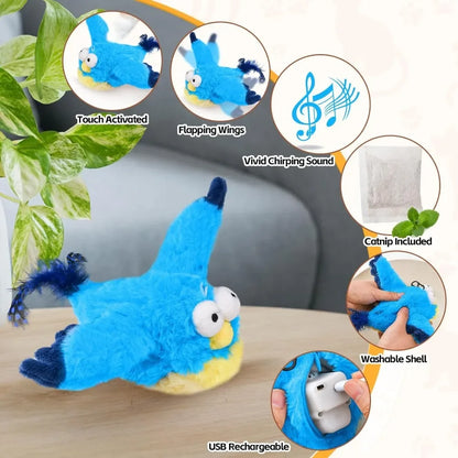 Interactive Cat Toys Rechargeable Electric Flapping Wings Bird Cat Toy Sound Chirping Bird Catnip Touch Activated Plush Toy