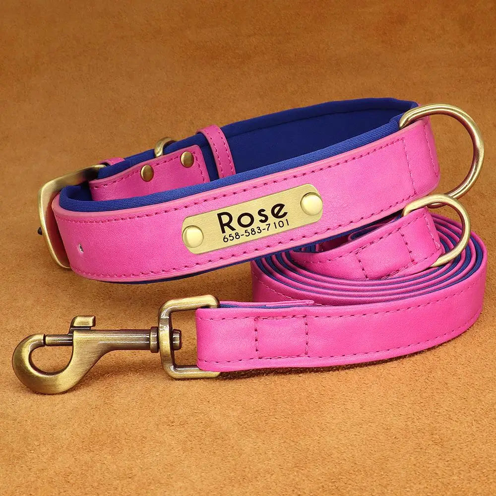 Customized Leather Dog Collar Leash Set Soft Padded Leather Collar For Small Medium Large Dogs With Free Engraved Nameplate