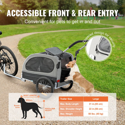 VEVOR 88 lbs 2-in-1 Pet Stroller Cart Dog Bike Trailer with Wheels Reflectors Easy Folding Cart Frame Bicycle Coupler Carrier