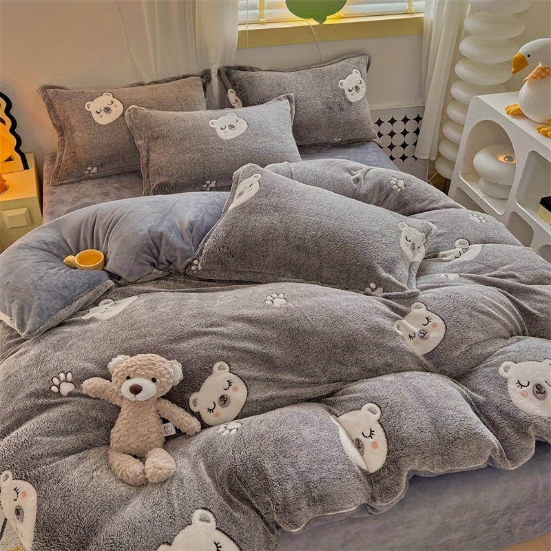 3pcs Animal Print Quilt Cover Set - Long Fleece, All-Season, Cute Bear Design, Machine Washable, Polyester Fabric, No Duvet Included, Zipper Closure, Woven Craftsmanship, 160-180g Fabric Square Weight