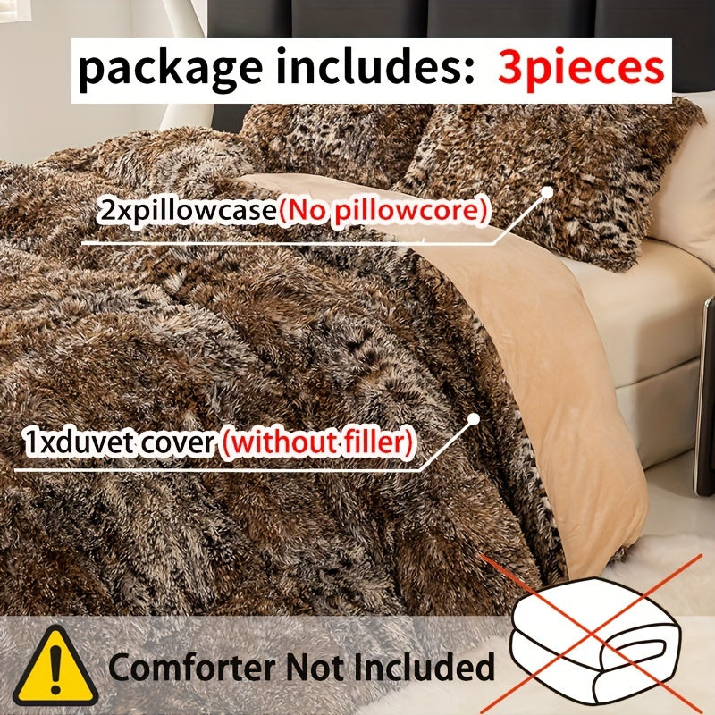 3pcs Luxurious Leopard Print Faux Fur Bedding Set - Ultra-Soft, Cozy & Shaggy Duvet Cover and 2 Plush Pillowcases, Zip Closure, All-Season Comfort, Machine Washable, Polyester 100.0% - Perfect for Modern Chic Bedrooms