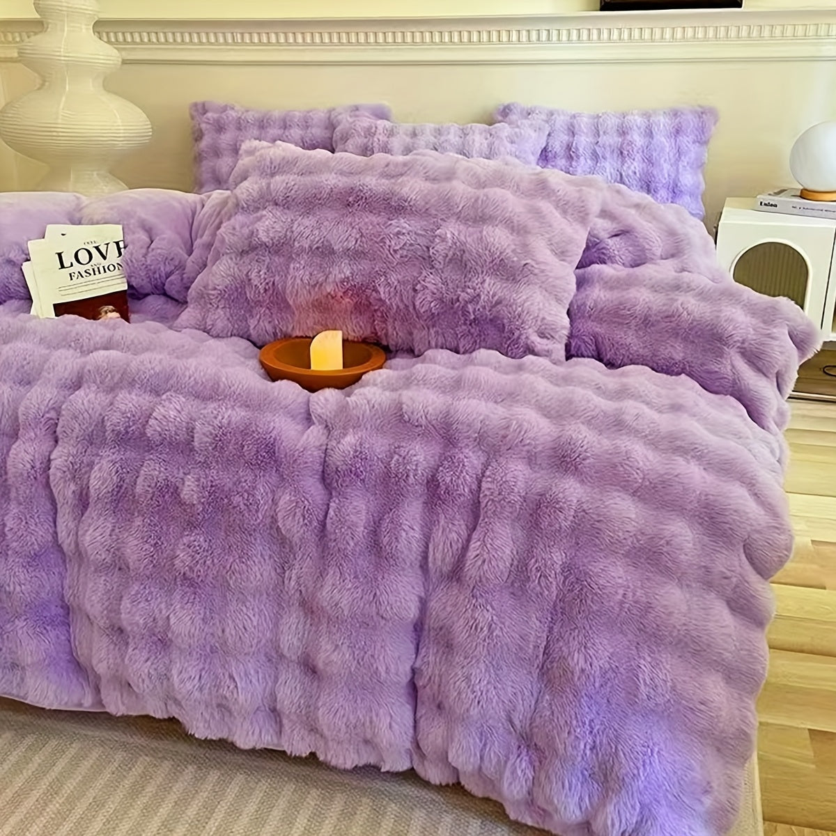 3pcs Simple Solid Color Super Soft Imitation Rabbit Hair Quilt Cover 1 Quilt Cover + 2 Pillowcases, No Core, Polyester, Machine Washable, Comfortable All Seasons, Zipper Closure, Soft and Warm Home and Hotel Bedding