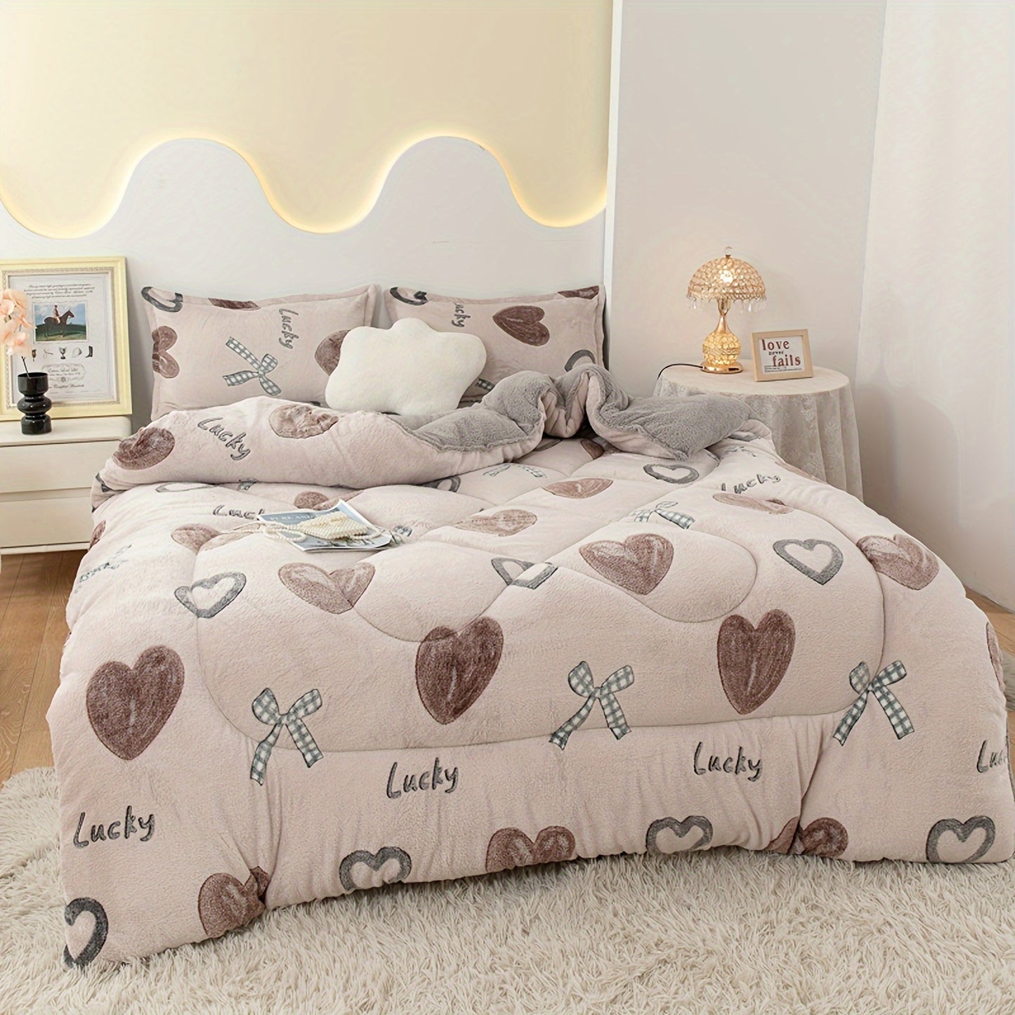 1pc Cozy Love & Bow Quilted Fleece Comforter - Soft Pink with Brown Hearts, Polka Dots & "Lucky" Text Design, Warm Polyester Fabric for Bedroom or Guest Room, All-Season Use, Cute Blanket