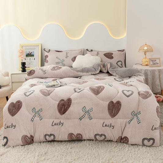 1pc Cozy Love & Bow Quilted Fleece Comforter - Soft Pink with Brown Hearts, Polka Dots & "Lucky" Text Design, Warm Polyester Fabric for Bedroom or Guest Room, All-Season Use, Cute Blanket