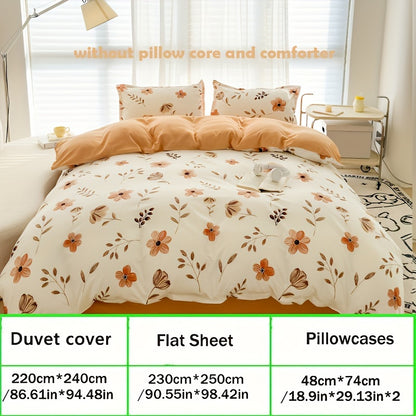 4pcs Flower Print Duvet Cover Set (1*Duvet Cover + 1*Flat Sheet + 2*Pillowcase, Without Core), Floral Leaf Printed Bedding Set, Soft Comfortable Four Seasons Universal Duvet Cover, for Bedroom, Guest Room