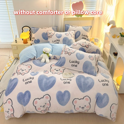 4pcs Preppy Style Bedding Set - Cartoon Bear Pattern, Soft Plush Milk Velvet Comforter Set, Machine Washable, Includes 1 Sheet, 1 Duvet Cover, 2 Pillowcases, Warm Fabric, No Insert - Ideal for Dorm, Bedroom, Guest Room