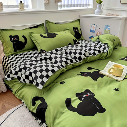 3pcs Whimsy Cat Print Duvet Cover Set, Soft Breathable Polyester Bedding with Zipper Closure, Machine Washable, All-Season Comfort, Sanded Craftsmanship, 80-85gsm - Quilt Cover and 2 Pillowcases (No Insert)